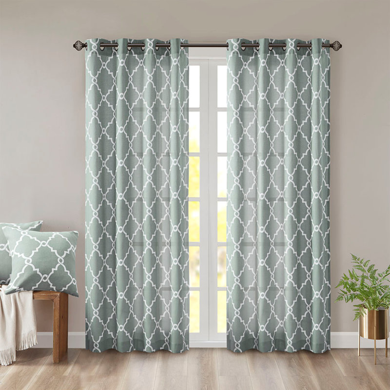 Fretwork Print Grommet Top Window Curtain Panel, Single Piece, Softly Filters Sunlight And Adds Elegant Texture