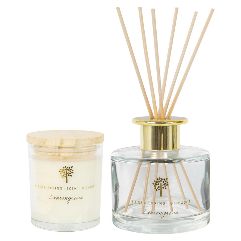 Nicola Spring - Soy Wax Scented Candle & Reed Diffuser Set - Lemongrass, 8cm H x 7cm W x 7cm D