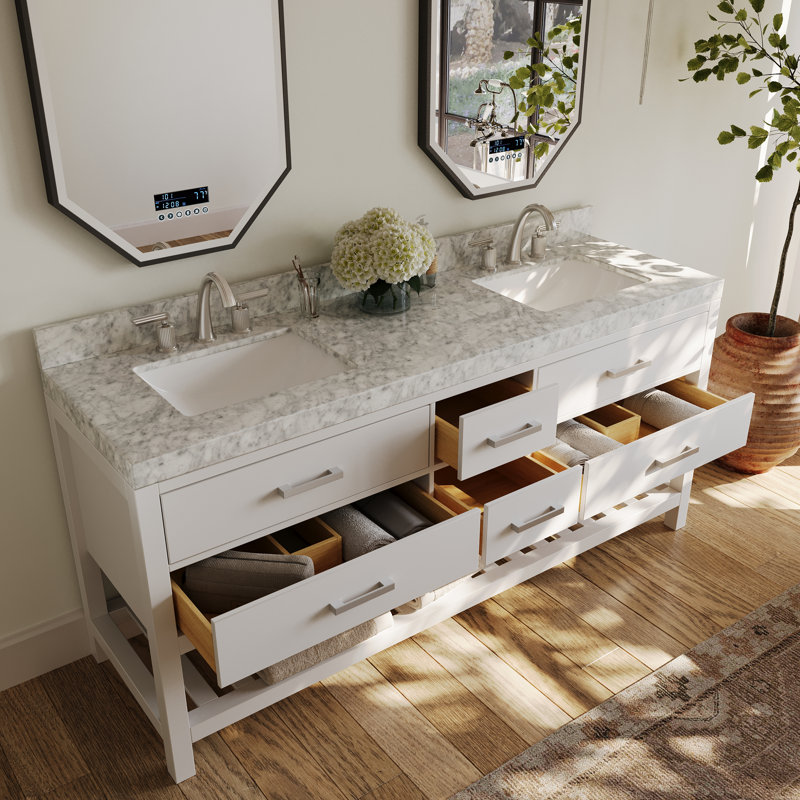 Carrie 72'' Double Bathroom Vanity with Carrara Marble Top, White| Brushed Nickel