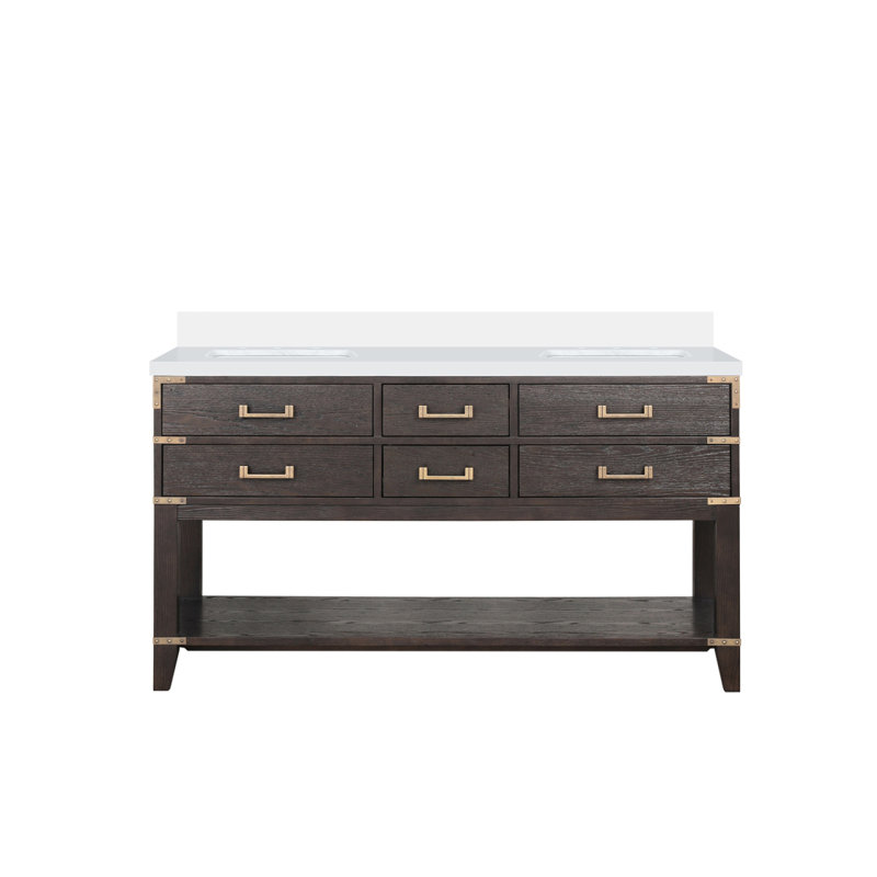 Meuble-lavabo double en chêne brun 60 po X P 22 po D, avec plateau en marbre de culture, Chêne brun, 60"