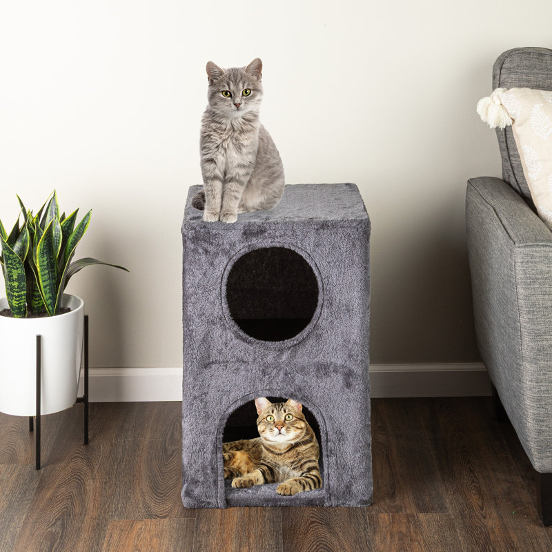 Habitation pour chat à 2 étages pour l'intérieur - lit double pour chat 15,75 po x 23,75 po avec surface recouverte de peluche douce et confortable - cachette pour lit de chaton facile à assembler (gris)