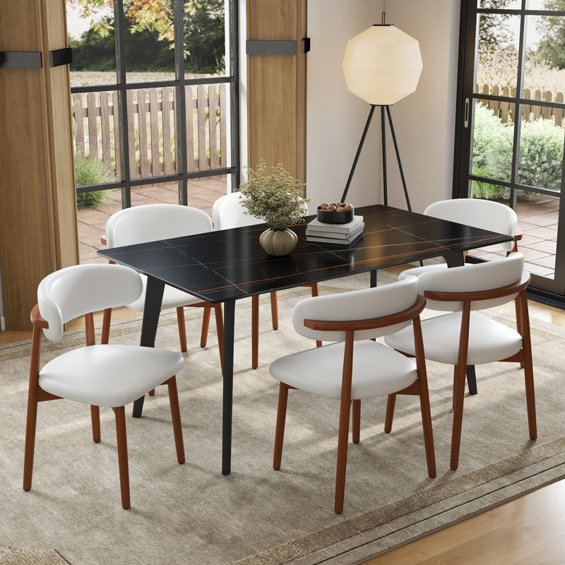 Juvan Modern 7-Piece Rectangular Marble Dining Table Set With 6 Faux Leather Chair, Lauren Blackgold, White/Brown