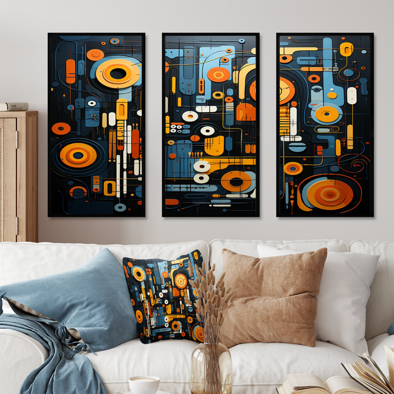 «Blue and Yellow Dynamic Abstract Shapes Fusion II», art mural abstrait, Cadre flottant noir, H 28 po x l 36 po x P 1 po