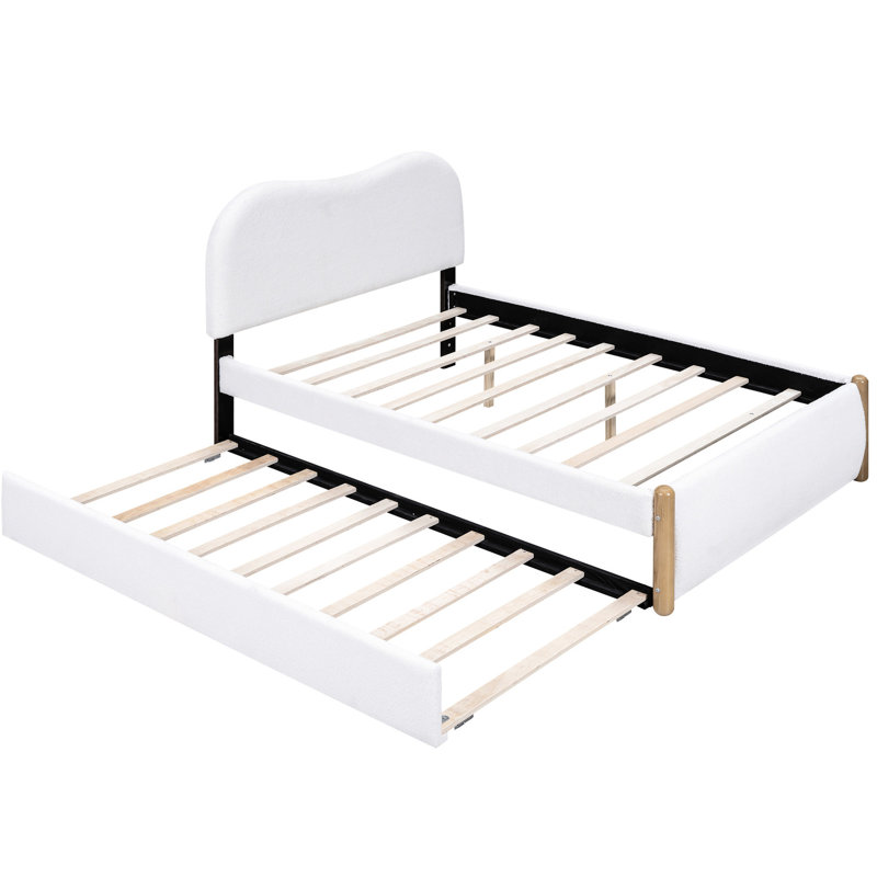 Lit plateforme tapissier avec lit gigogne simple, blanc - Tête de lit confortable avec pieds et lit gigogne en bois, design moderne