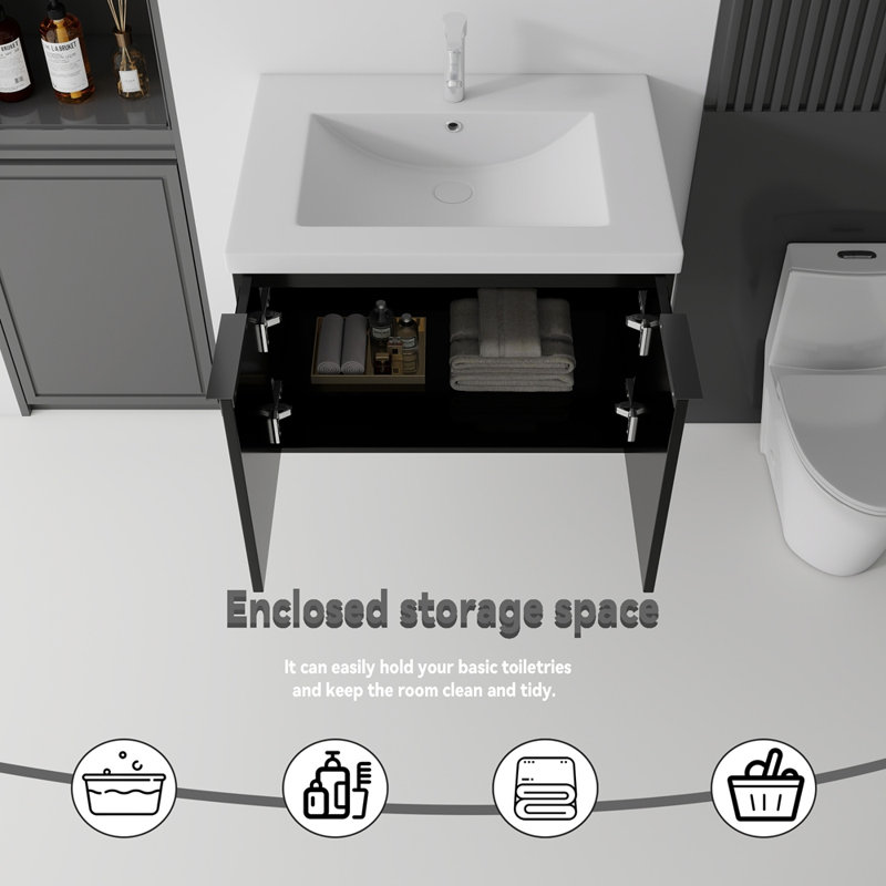 Meuble-lavabo flottant 30 po avec lavabo, porte à fermeture en douceur, évier en céramique, contreplaqué, noir, Noir, L 30 po