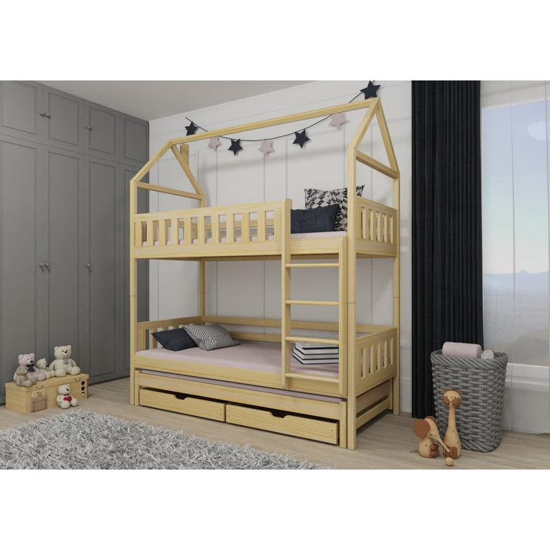 Nolina Bunk Bed House Beds with Storage Included with Trundle Included, Pine
