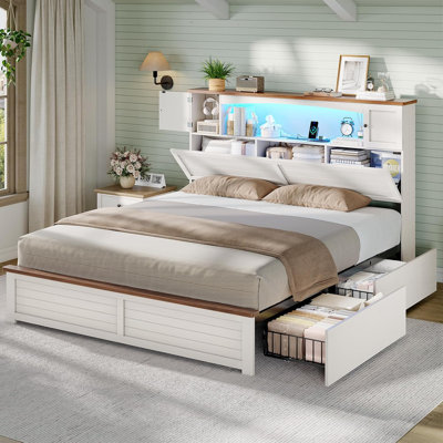 Farmhouse Full Storage Bed Frame with Bookcase Headboard, LED Lights, Charging Station & 4 Drawers, Wood Platform Bed, White