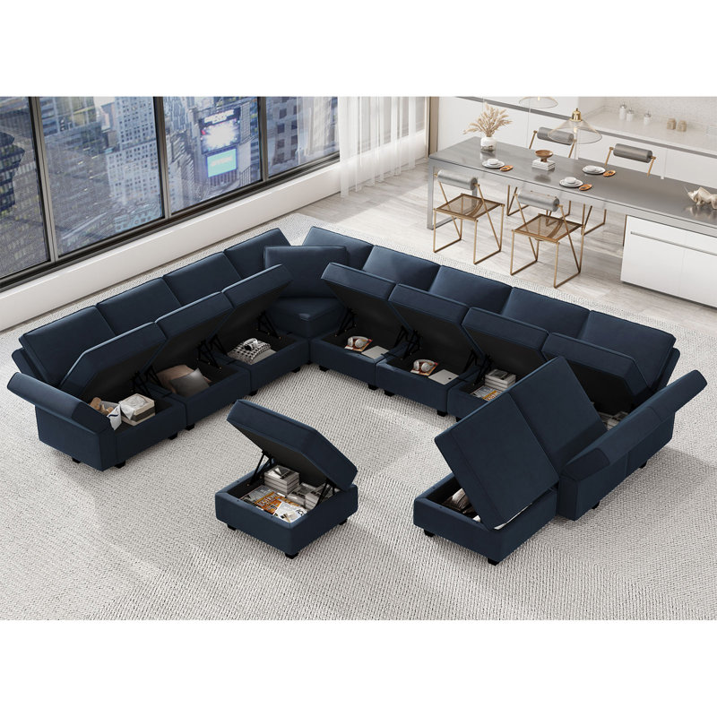 Wylodene 143" W Velvet Modular Sectional Sofa, Navy Blue Velvet