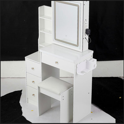 Petite coiffeuse 29,2 po avec tabouret de chevet gauche + tabouret rembourré, 2 blocs d'alimentation CA + 2 ports USB, support pour séchoir à cheveux, très grand miroir à DEL coulissant à commande tactile, changement de luminosité tricolore, réglage de la luminosité