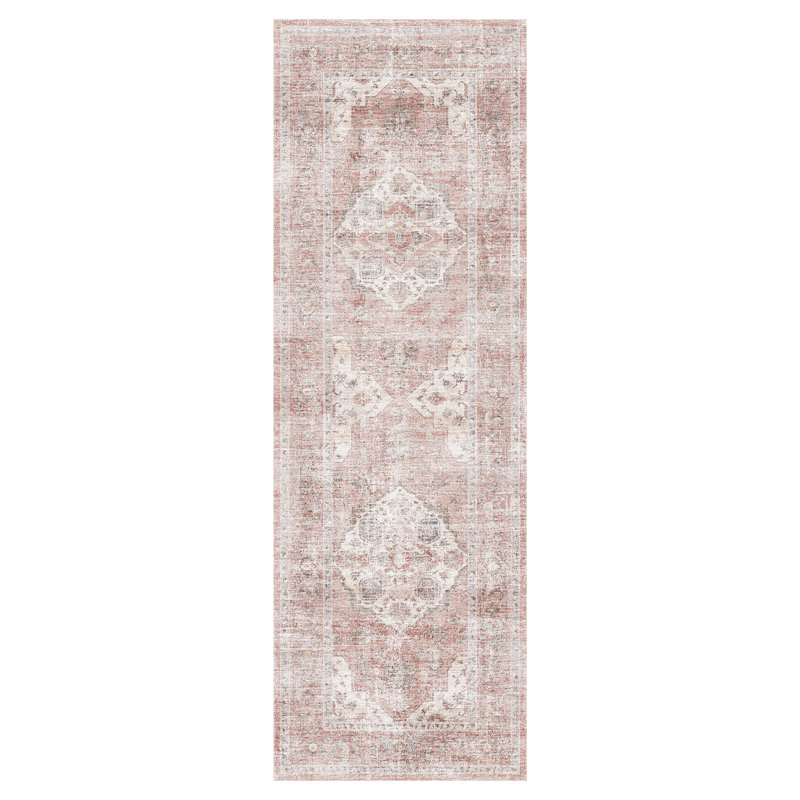 Tapis de couloir oriental rose doux et lavable à la machine, Rose / ivoire / gris, Tapis de couloir 2 pi x 6 pi