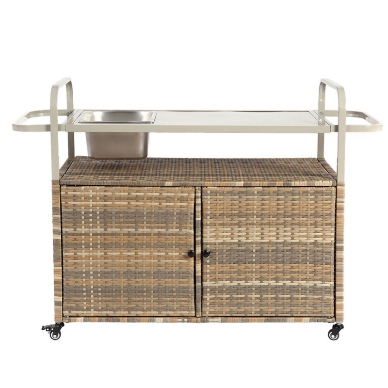 Portable Outdoor Wicker Bar Table, Wheels, Steel Table Top For Patio Kitchen And Bar Cart, Beige