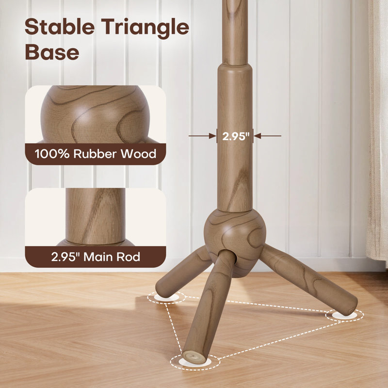 9-Hook Solid Wood Freestanding Coat Rack with 3 Adjustable Heights