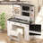Farmhouse Wooden Vanity Desk With Lighted Sliding Mirror, Barn Door Cabinets, Glass Top, Drawers, Storage, And Stool, White & Black-1882639565