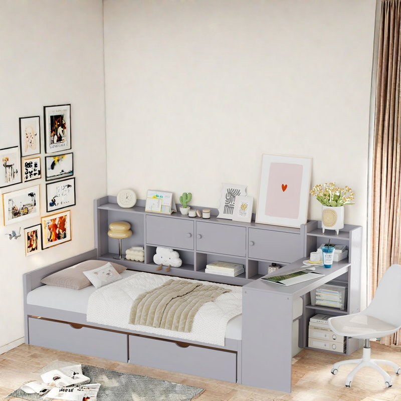 Wooden L-shape Daybed With 3 Cabinets And 2 Drawers, Study Desk And Built-in Bookshelf, Twin