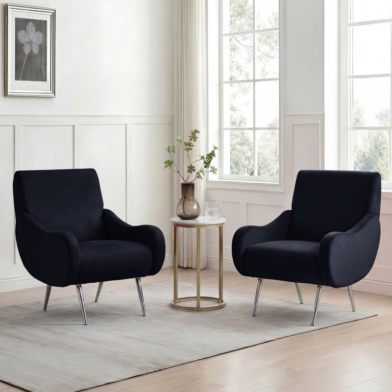 Aitana 28" Wide Modern Velvet Accent Armchair Set of 2, Mid-Century Upholstered Side Chairs with Gold & Silver Metal Legs and Curved Arms for Living Room, Bedroom & Vanity
