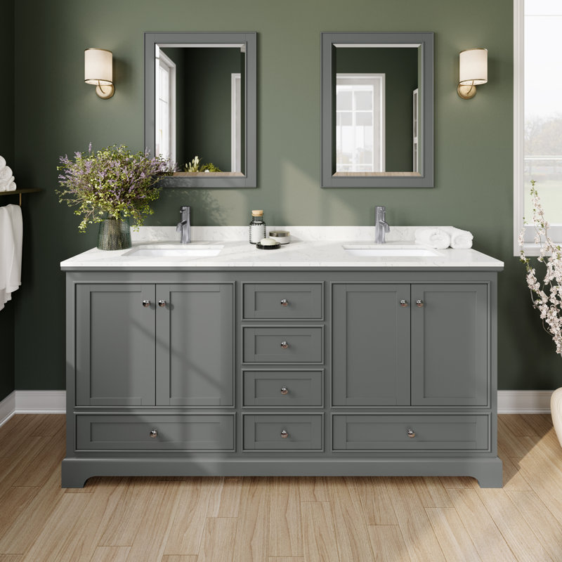 Ensemble de meuble-lavabo double 72 "avec miroir Deborah, Gris foncé, Chrome poli, Marbre de culture de Carrare
