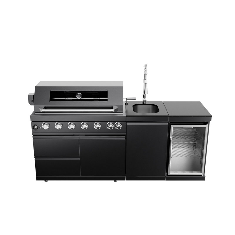 Cuisine de luxe pour îlot de cuisine au propane à 6 brûleurs avec ensemble de rôtissoire en acier inoxydable, Noir