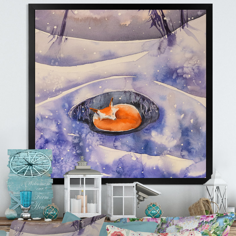 Reproduction d'art sur toile «Orange Fox In Winter Snow - Cabin & Lodge», Impression noire sur toile encadrée