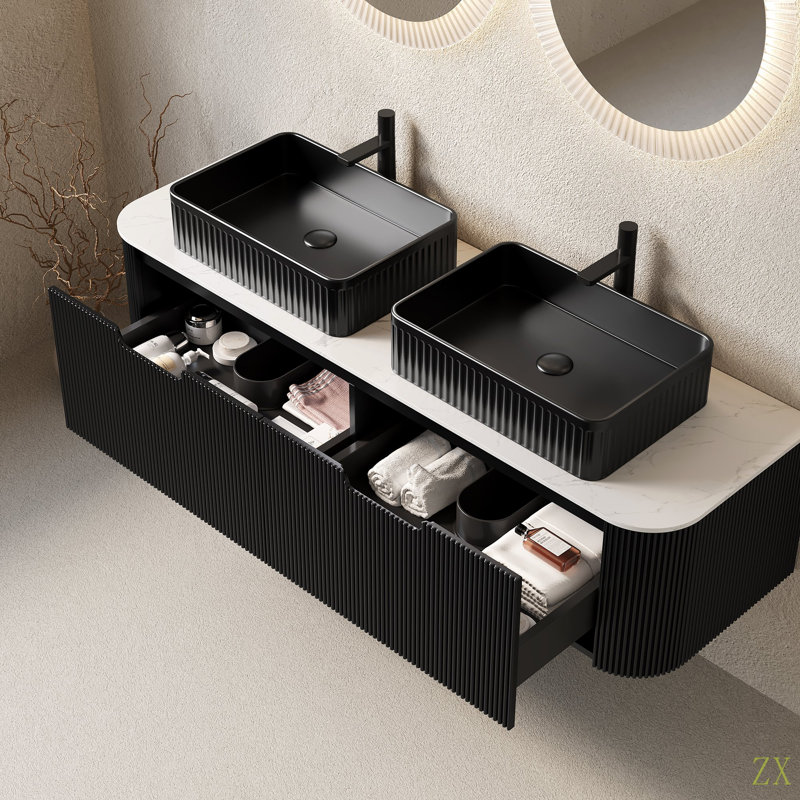 Meuble-lavabo de salle de bain 60 po avec lavabo, lavabo à fixation murale à bords arrondis flottants avec 2 tiroirs, 2 lavabos rectangulaires en céramique, sans robinet, pré-assemblé