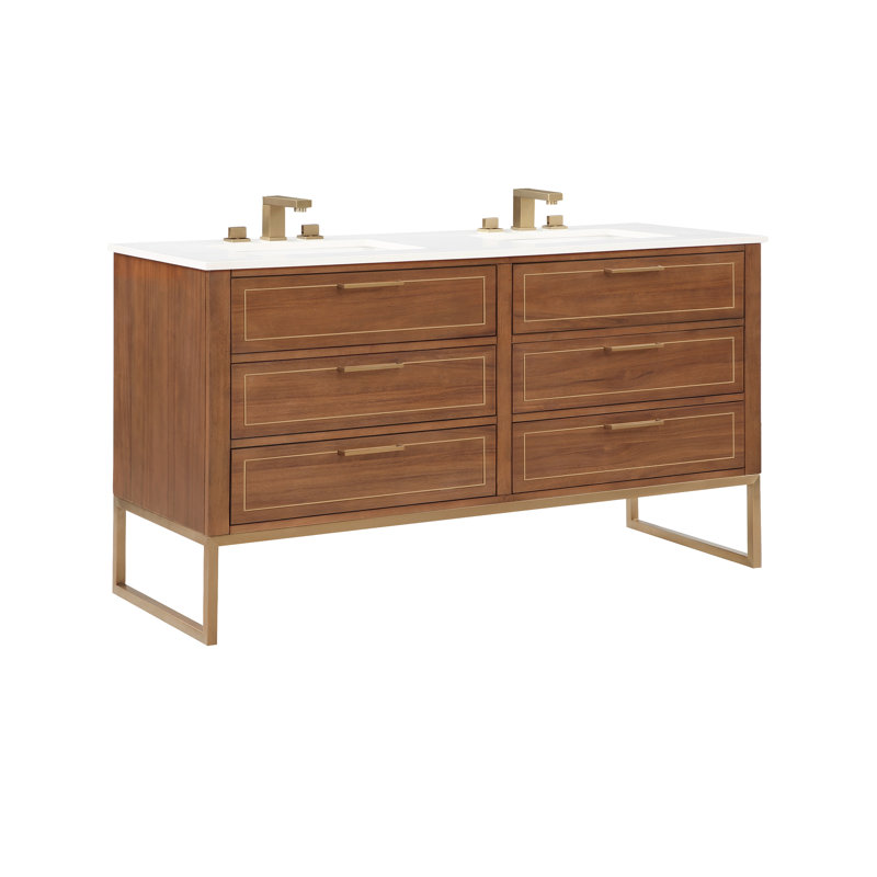Ensemble de meuble-lavabo double 60 po Markham, Noyer, Quartz blanc, Laiton satiné