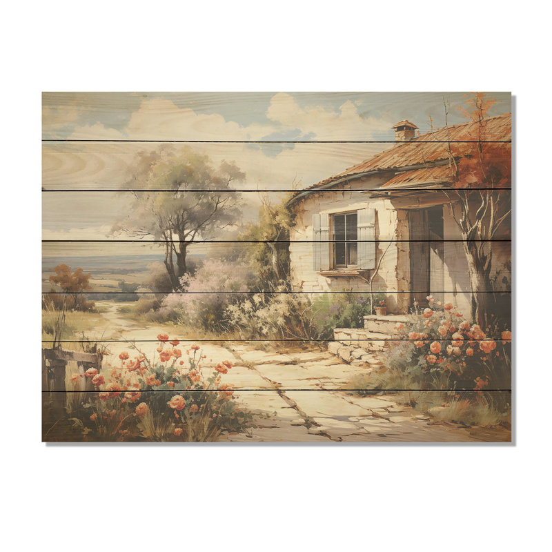 Villa rétro dans l'ancien empire romain II - paysage sur bois, H 10 po x l 20 po