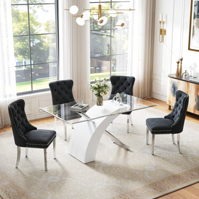 5-Piece Rectangular Dining Table Set, 63" Tempered Glass Table With Glossy X-Shaped Base And 4 Velvet Tufted Cushioned Chairs