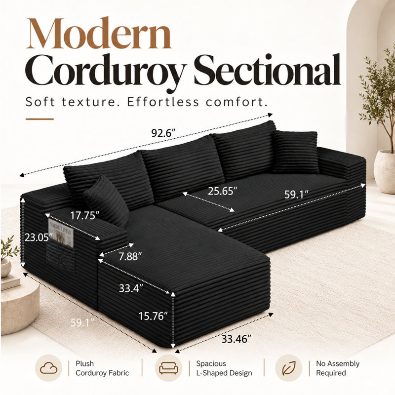 Canapé modulaire en L 92,5 po sans assemblage requis, Left Hand Facing, Noir