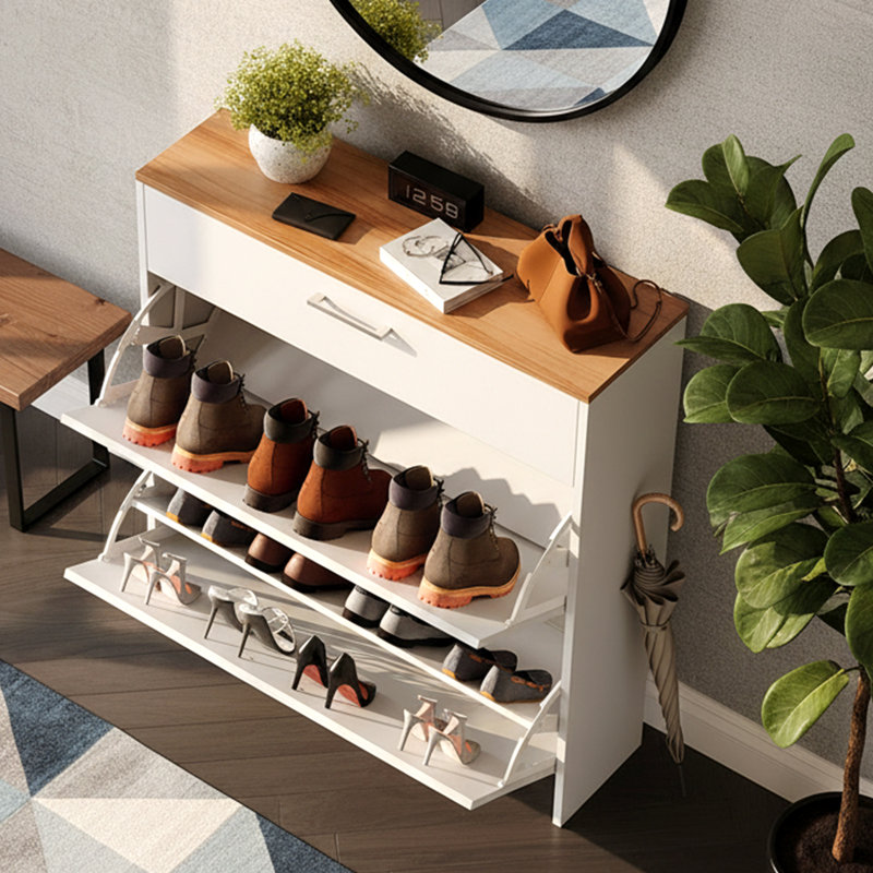 31" W 2-Flip Drawer 1-Drawer Shoe Cabinet, White
