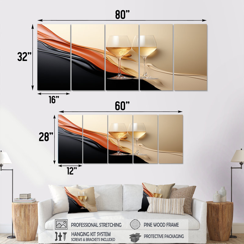 Ensemble de 5 impressions sur champagne champagne, H 32 po x l 80 po