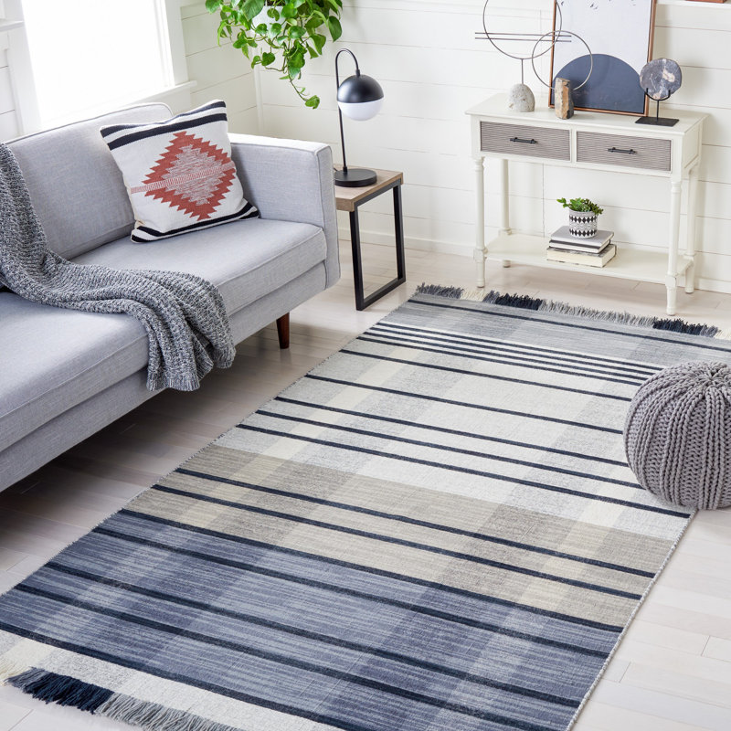 Anjail Flat Weave Wool/Cotton Plaid Rug in Light Gray/Black, Runner 2'3" x 8'