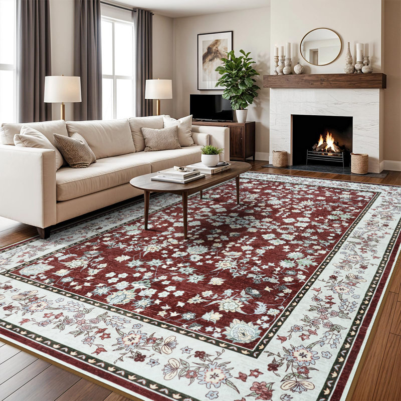Large Oriental Floral Living Room Rug Washable Bedroom Rug Non-Slip Colorful Vintage Accent Floor Carpet For Home Decor