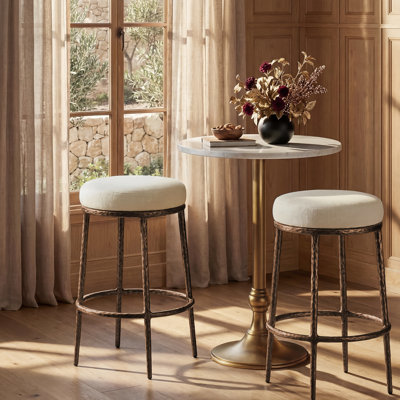26.5" Modern Glam Backless Counter Height Bar Stool With Hand-Hammered Metal Legs And Linen-Blend Upholstered Seat, Set Of 2