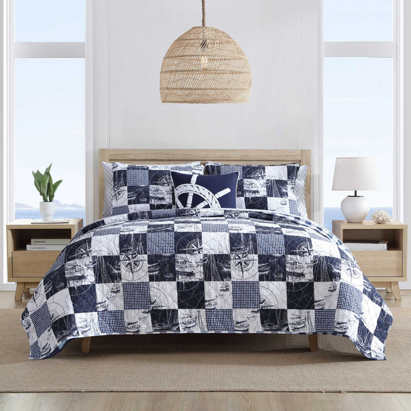 Ensemble de courtepointe réversible en coton Nautica Sailors, Courtepointe pour grand lit + 2 taies décoratives