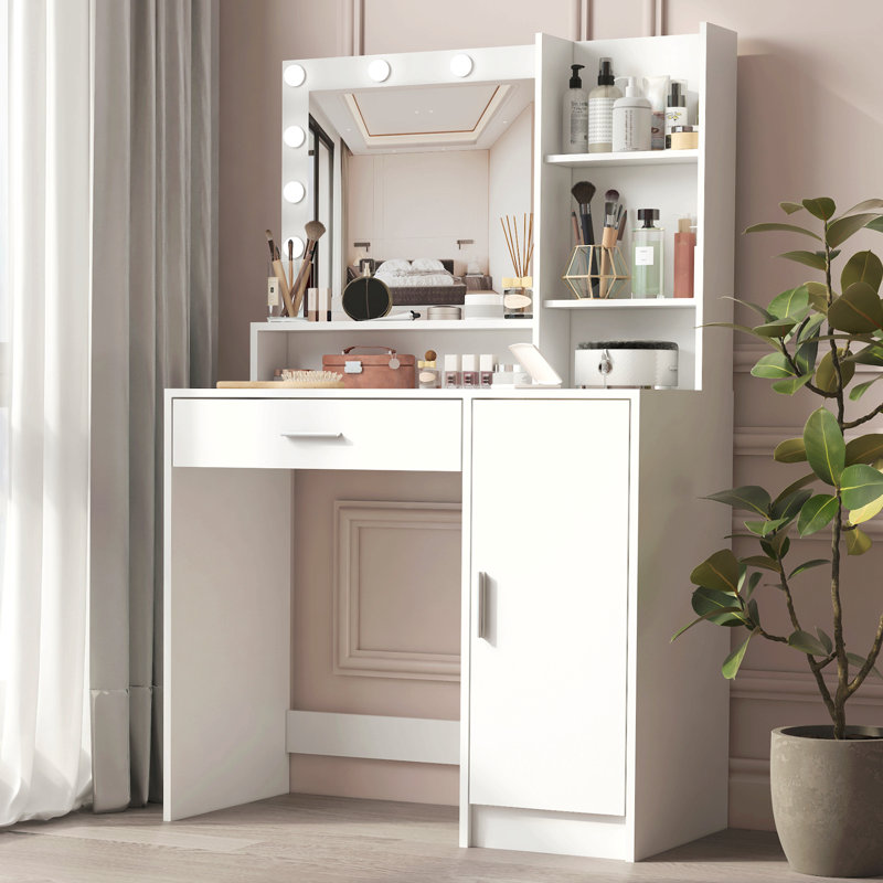 Bureau de coiffeuse avec miroir et lumière, commode de rangement à trois niveaux avec grand tiroir, 3 modes d'éclairage à luminosité réglable, coiffeuse de chambre à coucher (blanc)