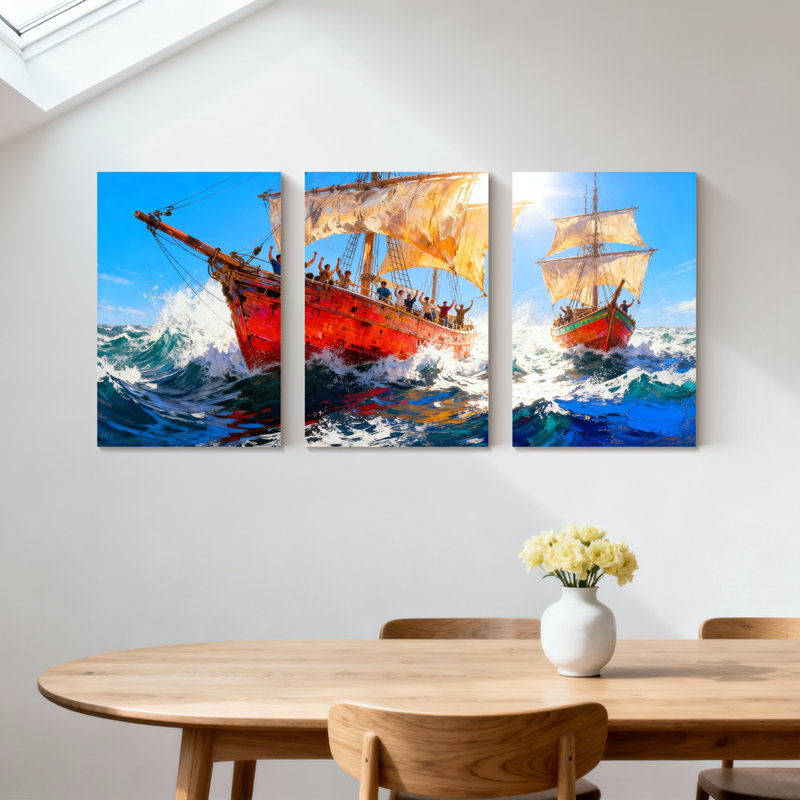 Nautique, voilier, océan, vagues, équipage, voiles, ensemble de 3 impressions d'art sur toile, H 30 po x l 60 po