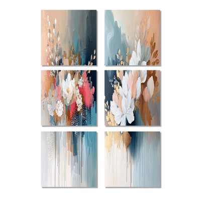 «White Gold Floral Brushstroke», ensemble de 6 peintures murales abstraites sur toile