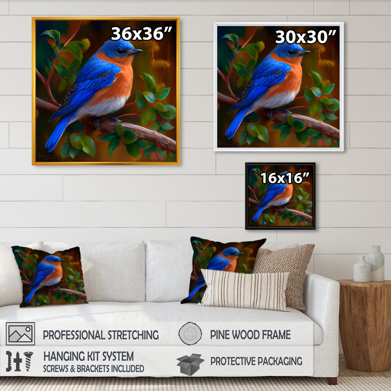 «Pearline Beautiful Bright Bluebird On A Branch I», reproduction sur toile, H 30 po x l 30 po x P 1 po