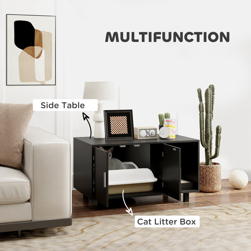 Cat Litter Box Enclosure Cat House End Table with Scratcher, Black