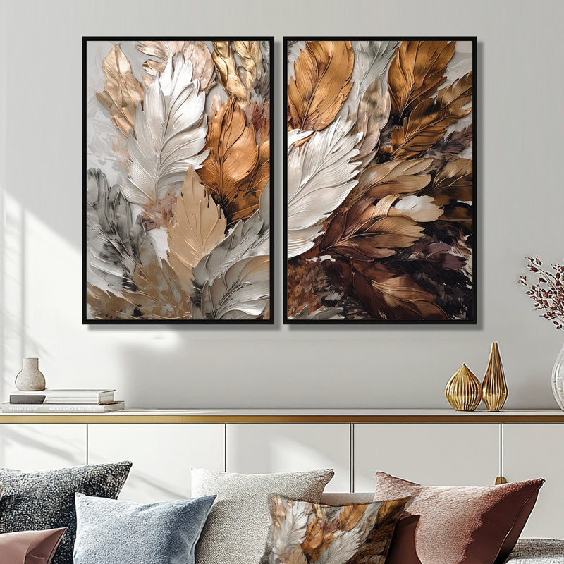 «Gold Feather Extravaganza IV - Floral Glam Feather», reproduction d'art sur toile, Black, 36" H x 48" W