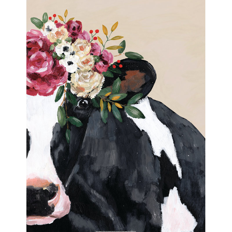 Flower Crown Cow Gal - Painting Print, 122 cm H x 81 cm W, Black Floater Framed