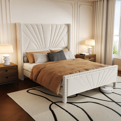 Velvet Upholstered Sleigh Queen Bed Frame With Headboard, Cream