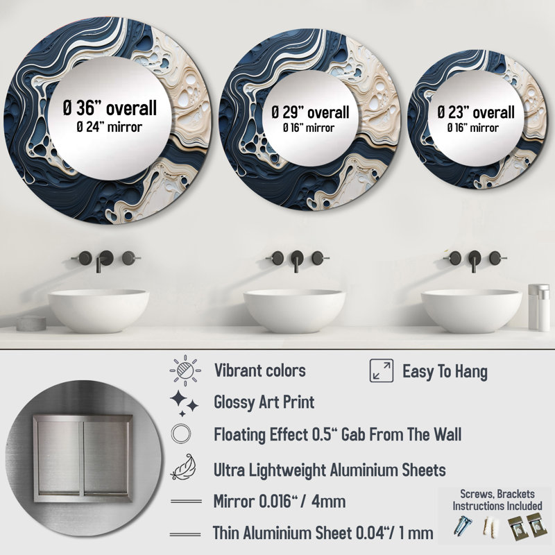 Abstract Cream Liquid Paint - Coastal Round Mirror Wall Decor_MTMIR108653, 36" x 36"