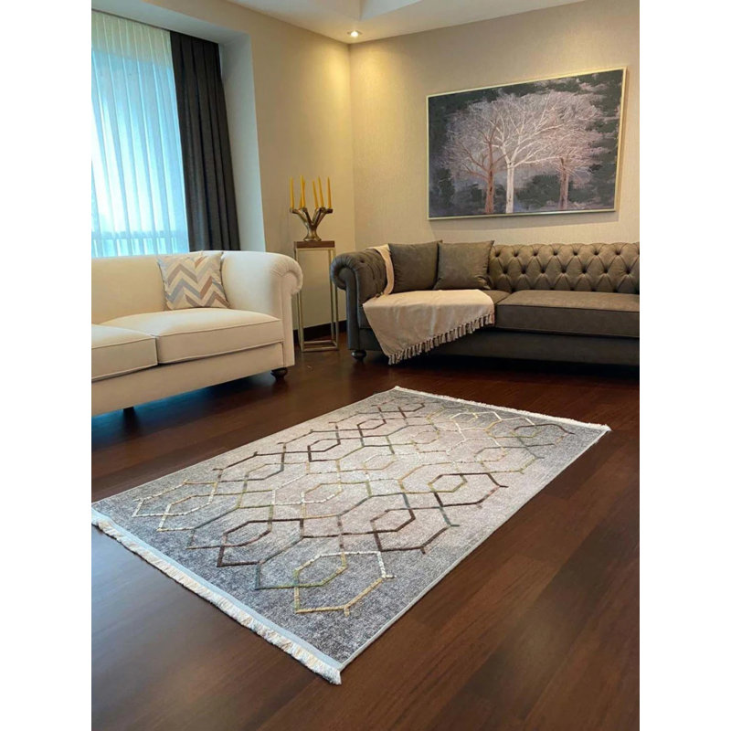 Coton imprimé marocain gris Kalkedon Tapis chenille antidérapant, Tapis de couloir 2 pi 8 po x 6 pi 7 po