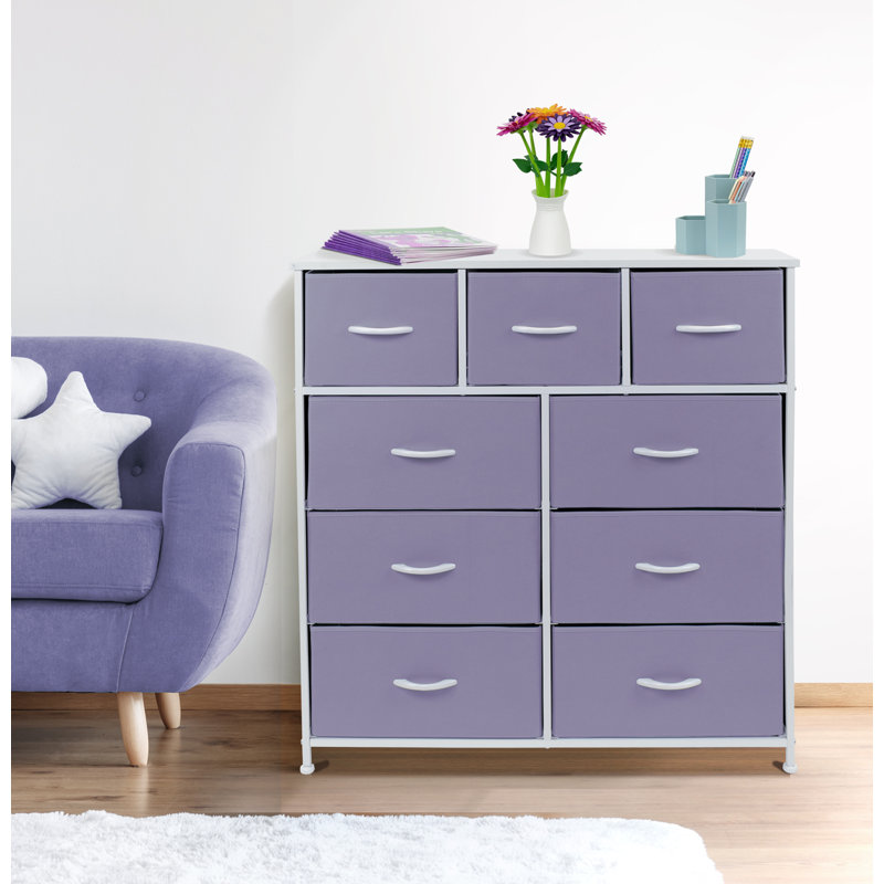 Sorbus 9 Drawers Dresser with Steel Frame and Wood Top, Purple/White
