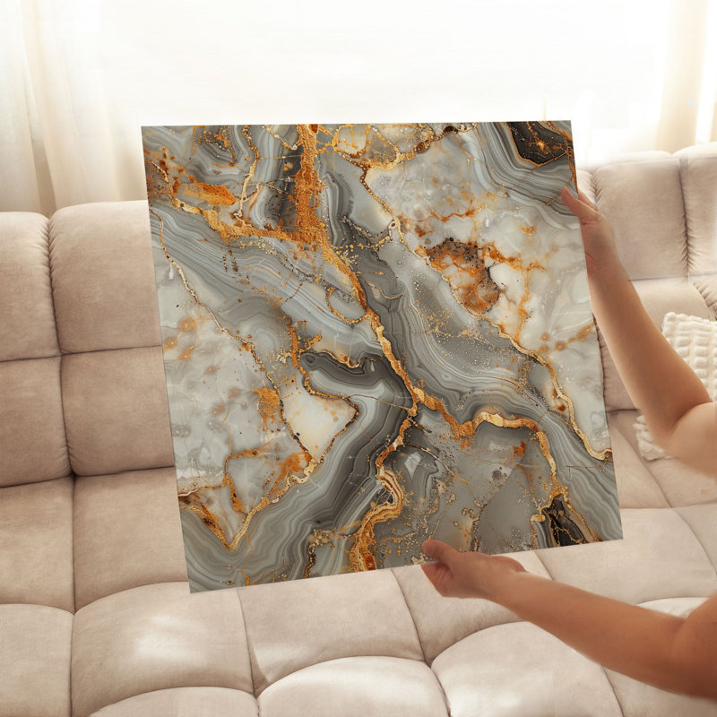 «Abstract Golden Grey Geode I», reproduction d'art moderne sans cadre, H 16 po x l 16 po