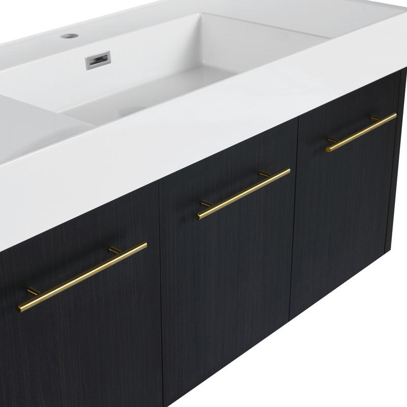 Meuble-lavabo mural de salle de bain et support de rangement, 48 po, lavabo en résine épaisse, conception ergonomique avec armoire à trois portes, support séparé, finition à l'eau