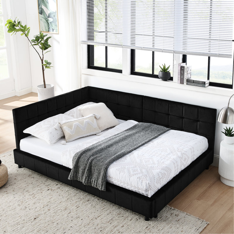 Cadre de lit double avec revêtement en velours - et inclus pour le salon de la chambre à coucher noir Taille confortable idéale pour la décoration