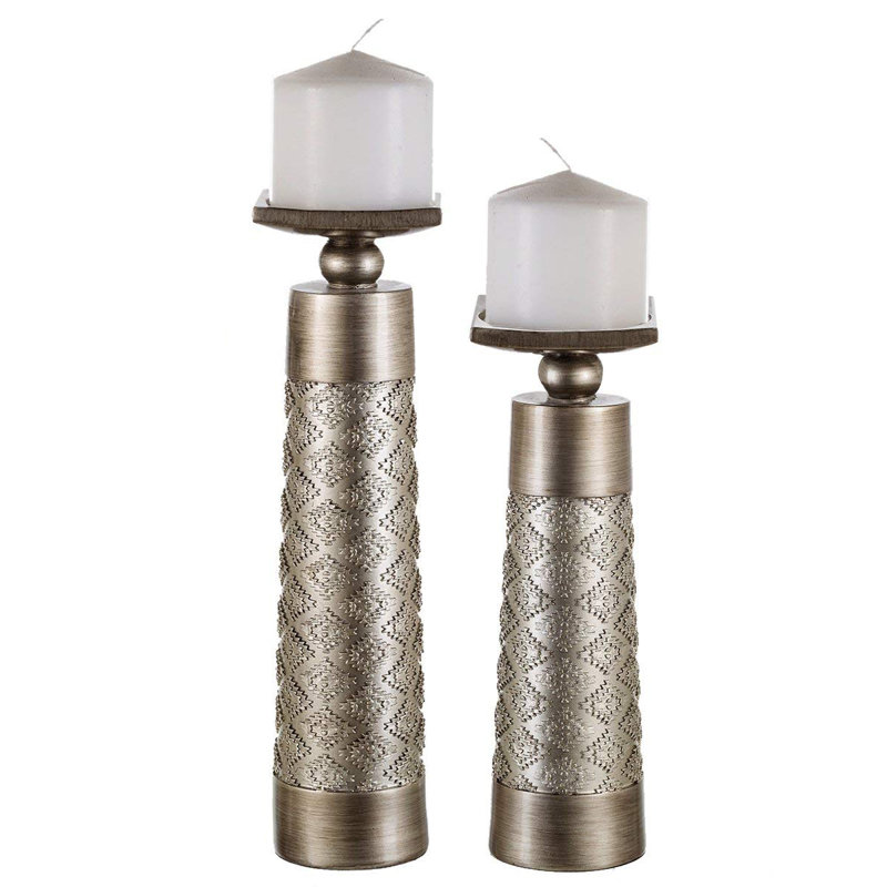 Dublin Silver Textured Pillar Candle Holder Set of 2