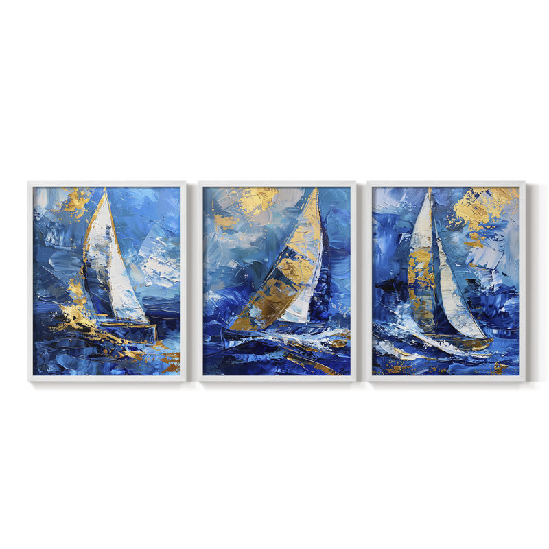 Mer et rivage, série XVIII - Ensemble de 3 estampes numériques - Prêt à accrocher, Blanc, H 14 po x l 33 po