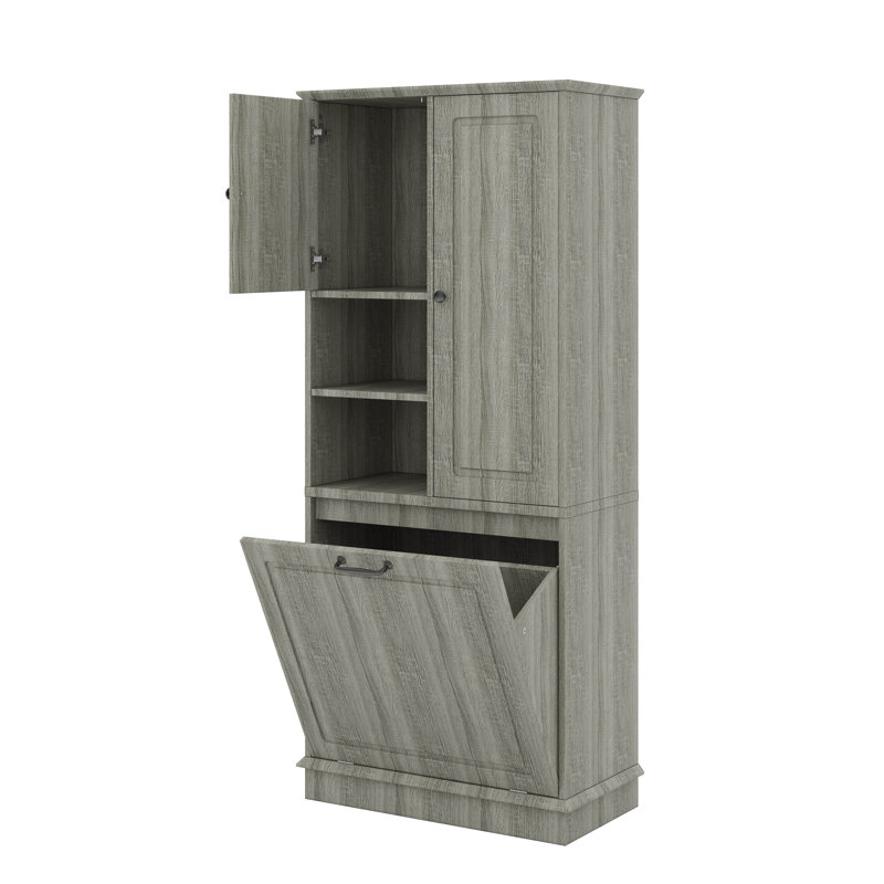 Grande armoire de rangement avec portes, tablette réglable et grand panier rabattable, Chêne